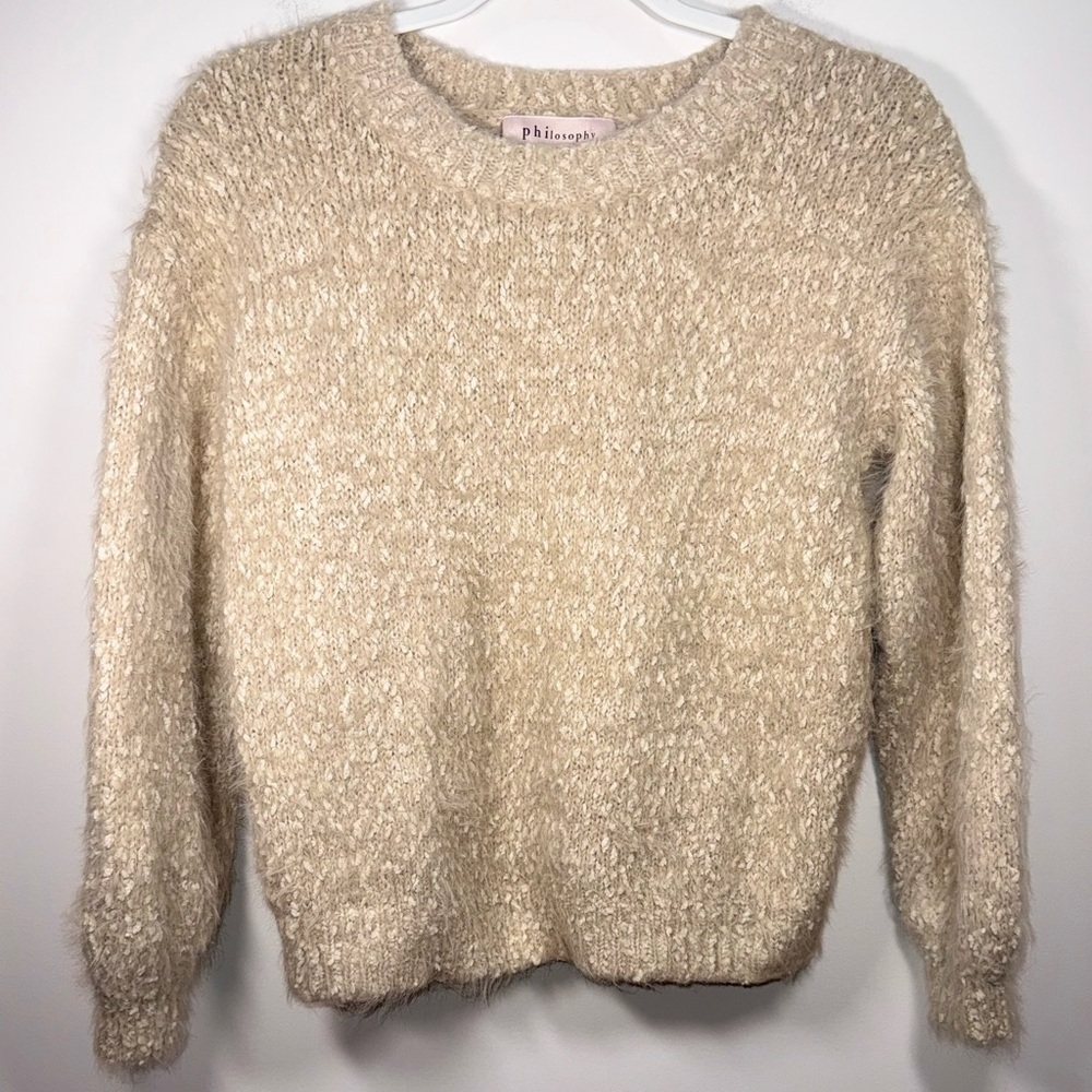 Philosophy Women Cream Fuzzy Crewneck Cottage core Sweater Pullover Size Small